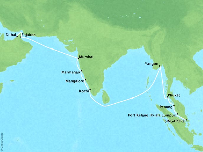 Cruises Oceania Nautica Map Detail Singapore, Singapore to Dubai, United Arab Emirates April 9-27 2019 - 18 Days