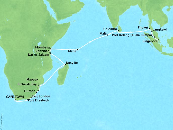 Cruises Oceania Nautica Map Detail Cape Town, South Africa to Singapore, Singapore January 20 February 19 2019 - 30 Days