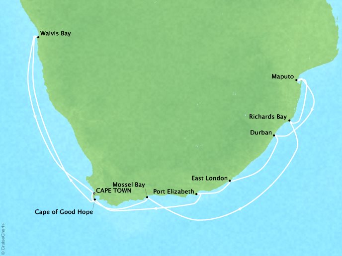 Cruises Oceania Nautica Map Detail Cape Town, South Africa to Cape Town, South Africa January 5-20 2019 - 15 Days