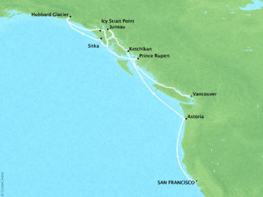 Cruises Oceania Regatta Map Detail San Francisco, CA, United States to Vancouver, Canada May 22 June 2 2018 - 12 Days