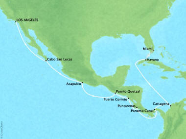Cruises Oceania Regatta Map Detail Los Angeles, CA, United States to Miami, FL, United States April 1-17 2019 - 16 Days