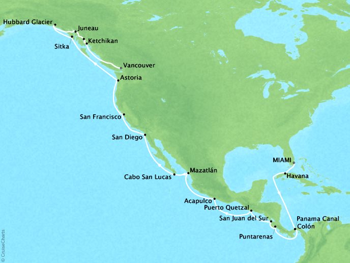 Cruises Oceania Regatta Map Detail Los Angeles, CA, United States to Vancouver, BC, Canada April 1-29 2019 - 28 Days