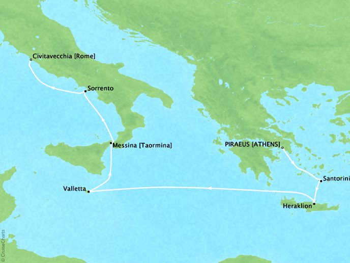 Cruises Oceania Riviera Map Detail Piraeus, Greece to Civitavecchia, Italy April 29 May 6 2017 - 7 Days