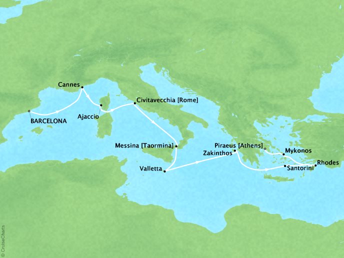 Cruises Oceania Riviera Map Detail Barcelona, Spain to Piraeus, Greece April 9-19 2017 - 10 Days