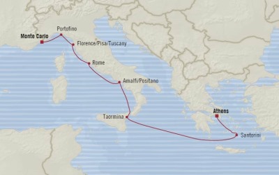Cruises Oceania Riviera Map Detail Piraeus, Greece to Monte Carlo, Monaco August 5-13 2017 - 8 Days