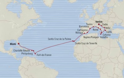 Cruises Oceania Riviera Map Detail Venice, Italy to Miami, FL, United States November 6 December 2 2017 - 26 Days
