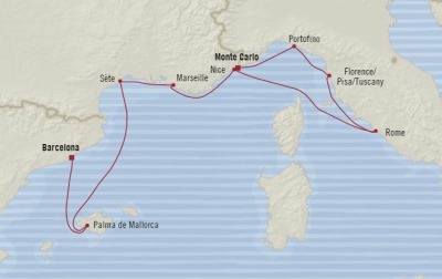Cruises Oceania Riviera Map Detail Monte Carlo, Monaco to Barcelona, Spain October 17-25 2017 - 7 Days