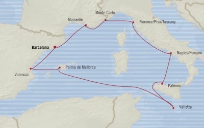 Cruises Oceania Riviera Map Detail Barcelona, Spain to Barcelona, Spain September 8-18 2017 - 10 Days