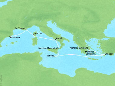 Cruises Oceania Riviera Map Detail Piraeus, Greece to Barcelona, Spain July 22 August 1 2018 - 10 Days