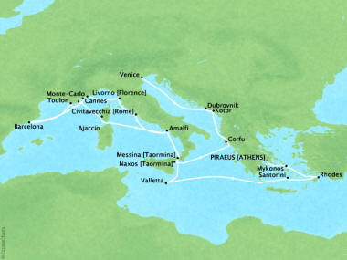 Cruises Oceania Riviera Map Detail Piraeus, Greece to Venice, Italy July 22 August 13 2018 - 22 Days