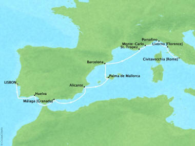 Cruises Oceania Riviera Map Detail Lisbon, Portugal to Civitavecchia, Italy June 16-26 2018 - 10 Days