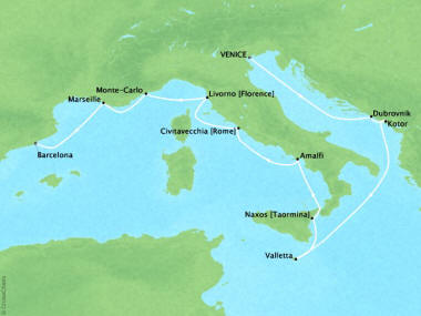Cruises Oceania Riviera Map Detail Venice, Italy to Barcelona, Spain May 25 June 6 2018 - 11 Days