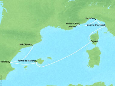 Cruises Oceania Riviera Map Detail Barcelona, Spain to Monte Carlo, Monaco May 3-10 2018 - 7 Days