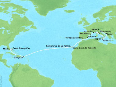 Cruises Oceania Riviera Map Detail Venice, Italy to Miami, FL, United States November 1-27 2018 - 26 Days