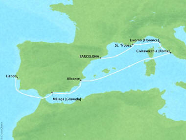 Cruises Oceania Riviera Map Detail Barcelona, Spain to Lisbon, Portugal September 6-14 2018 - 8 Days