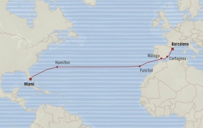 Cruises Oceania Sirena Map Detail Barcelona, Spain to Miami, FL, United States October 3-17 2017 - 14 Days