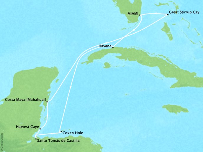 Cruises Oceania Sirena Map Detail Miami, FL, United States to Miami, FL, United States December 17-27 2018 - 10 Days