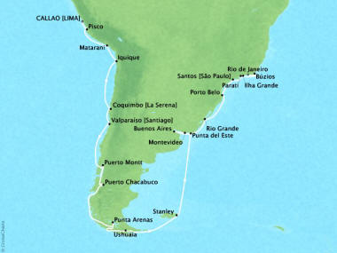 Cruises Oceania Sirena Map Detail Callao, Peru to Rio De Janeiro, Brazil February 28 April 2 2018 - 33 Days