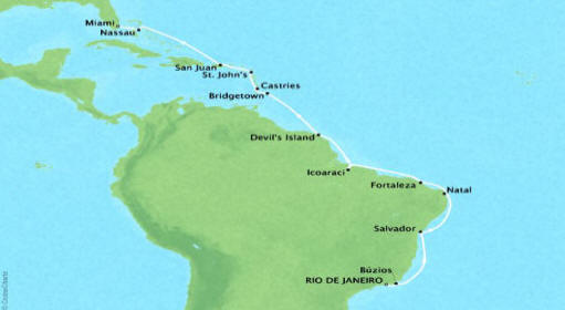 Cruises Oceania Sirena Map Detail Rio De Janeiro, Brazil to Miami, FL, United States January 20 February 10 2018 - 21 Days