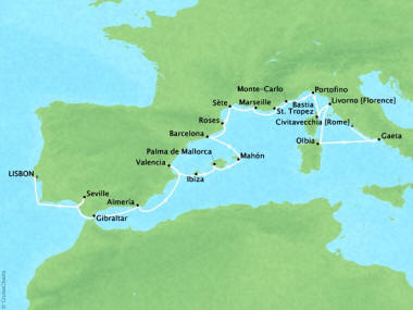 Cruises Oceania Sirena Map Detail Lisbon, Portugal to Civitavecchia, Italy July 8-30 2018 - 22 Days