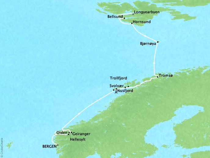 Cruises Ponant Yatch Cruises Expeditions Le Boreal Map Detail Bergen, Norway to Longyearbyen, Svalbard And Jan Mayen June 22 July 2 2018 - 10 Days