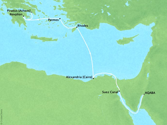 Cruises Ponant Yatch Cruises Expeditions Le Lyrial Map Detail Aqaba, Jordan to Piraeus, Greece April 26 May 3 2018 - 7 Days