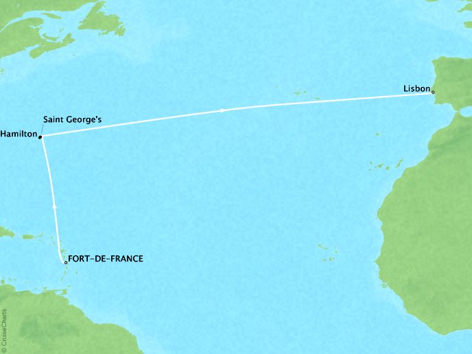 Cruises Ponant Yatch Cruises Expeditions Le Soleal Map Detail Lisbon, Portugal to Fort-de-France, Martinique April 3-15 2021 - 12 Days