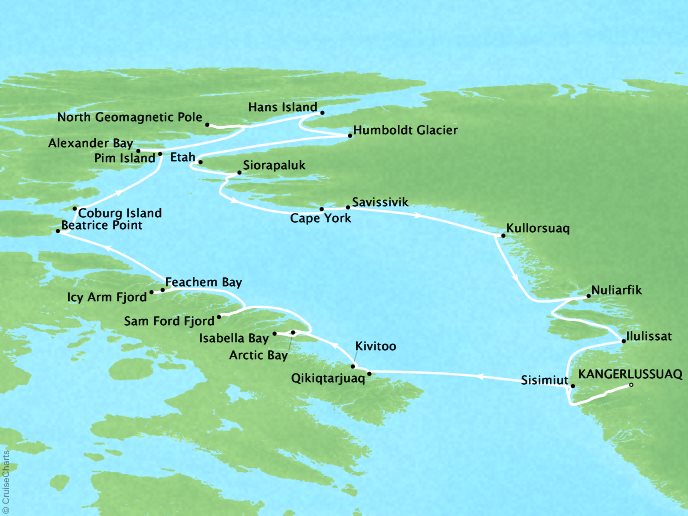 Cruises Ponant Yatch Cruises Expeditions Le Soleal Map Detail Kangerlussuaq, Greenland to Kangerlussuaq, Greenland August 21 September 6 2021 - 16 Days