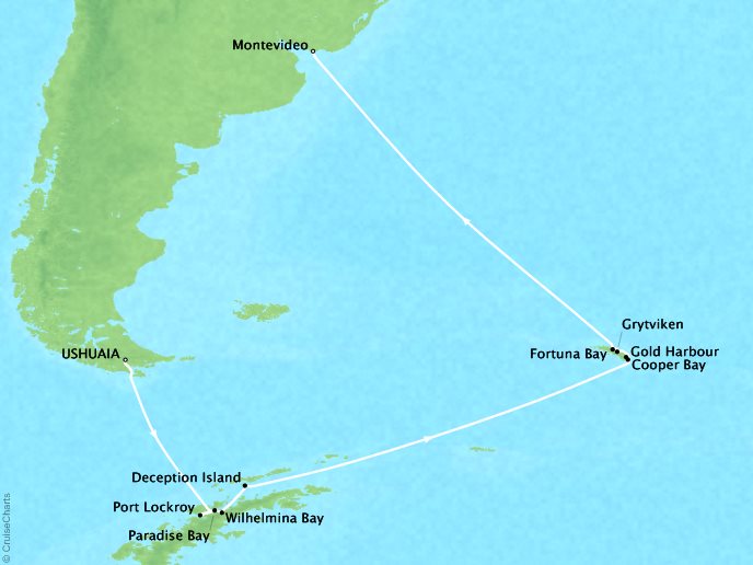 Cruises Ponant Yatch Cruises Expeditions Le Soleal Map Detail Ushuaia, Argentina to Montevideo, Uruguay February 21 March 8 2017 - 16 Days