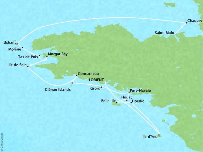 Cruises Ponant Yatch Cruises Expeditions Le Soleal Map Detail Lorient, France to Saint-Malo, France April 19-26 2018 - 7 Days
