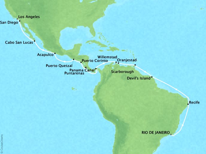 Cruises Regent Seven Seas Navigator Map Detail Rio De Janeiro, Brazil to Los Angeles, CA, United States April 30 May 25 2018 - 26 Days