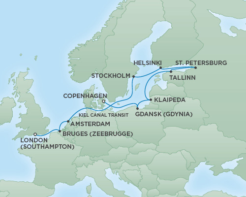 Cruises RSSC Regent Seven Explorer Map Detail London (Southampton), England to Copenhagen, Denmark July 16-28 2018 - 12 Days