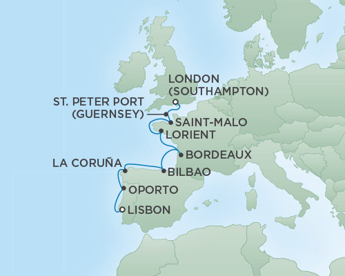 Cruises RSSC Regent Seven Explorer Map Detail Lisbon, Portugal to London (Southampton), England May 22-31 2018 - 9 Days