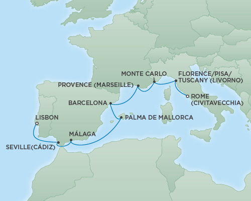 Cruises RSSC Regent Seven Explorer Map Detail  Rome (Civitavecchia), Italy to Lisbon, Portugal November 18-282018 - 10 Days
