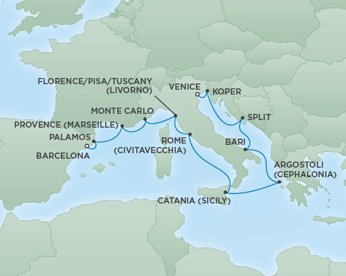 Cruises RSSC Regent Seven Explorer Map Detail Venice, Italy to Barcelona, Spain October 17-29 2018 - 12 Days