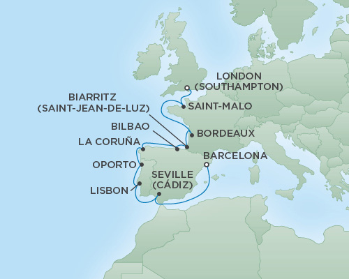 Cruises RSSC Regent Seven Explorer Map Detail London (Southampton), England to Barcelona, Spain September 15-27 2018 - 12 Days