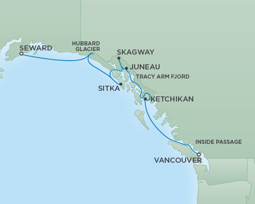 Cruises RSSC Regent Seven Mariner Map Detail Vancouver, Canada to Anchorage (Seward), Alaska July 25 August 1 2018 - 7 Days