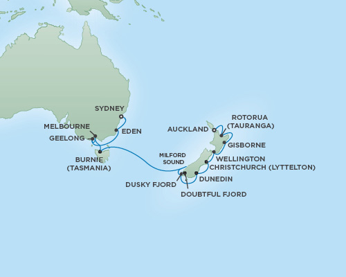 Cruises RSSC Regent Seven Mariner Map Detail Auckland, New Zealand to Sydney, Australia November 30 December 15 2018 - 15 Days