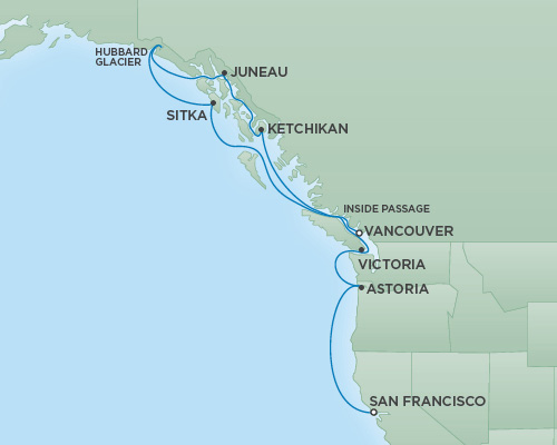 Cruises RSSC Regent Seven Mariner Map Detail Vancouver, Canada to San Francisco, California September 12-22 2018 - 10 Days