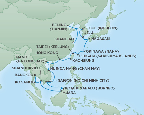 Cruises RSSC Regent Seven Mariner Map Detail Bangkok (Laem Chabang), Thailand to Shanghai, China February 25 March 28 2019 - 31 Days