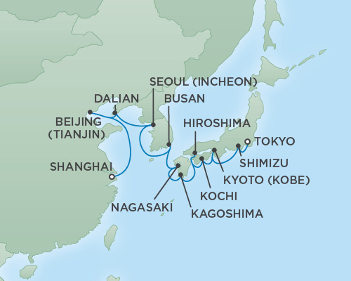 Cruises RSSC Regent Seven Mariner Map Detail Shanghai, China to Tokyo, Japan March 28 April 15 2019 - 18 Days