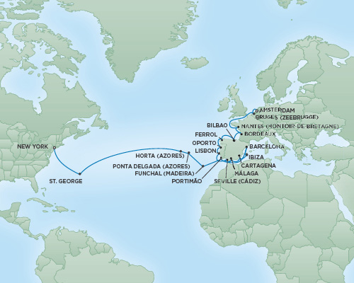 Cruises RSSC Regent Seven Navigator Map Detail Amsterdam, Netherlands to New York City, New York August 21 September 18 2018 - 28 Days