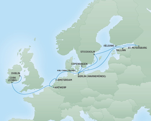 Cruises RSSC Regent Seven Navigator Map Detail Dublin, Ireland to Copenhagen, Denmark July 18 August 1 2018 - 14 Days