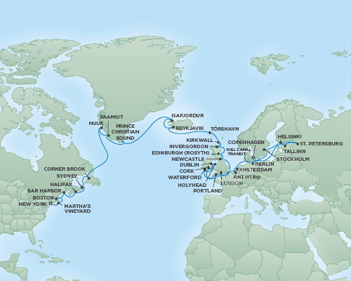 Cruises RSSC Regent Seven Navigator Map Detail New York City, New York to Copenhagen, Denmark June 21 August 1 2018 - 41 Days