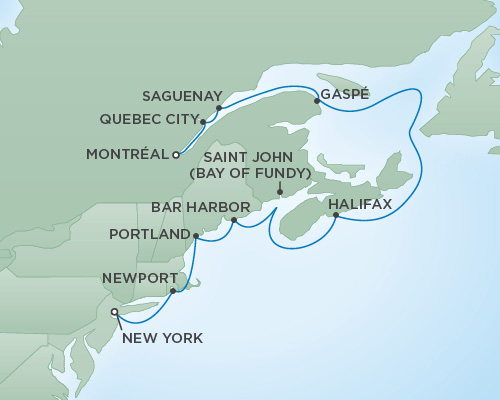 Cruises RSSC Regent Seven Navigator Map Detail New York City, New York to Montral, Canada October 18-28 2018 - 10 Days