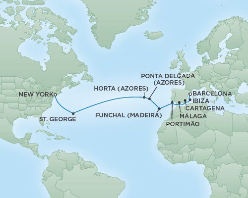 Cruises RSSC Regent Seven Navigator Map Detail Barcelona, Spain to New York City, New York September 1-18 2018 - 17 Days