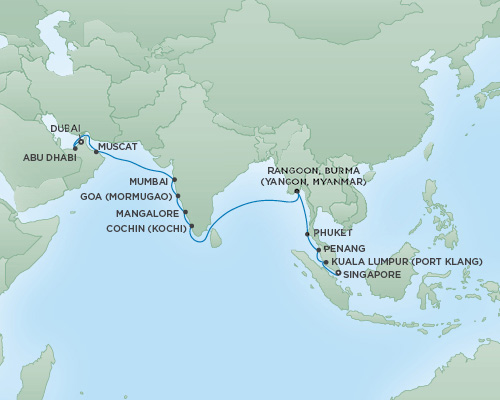 Cruises RSSC Regent Seven Navigator Map Detail Singapore, Singapore to Dubai, United Arab Emirates March 20 April 9 2019 - 20 Days