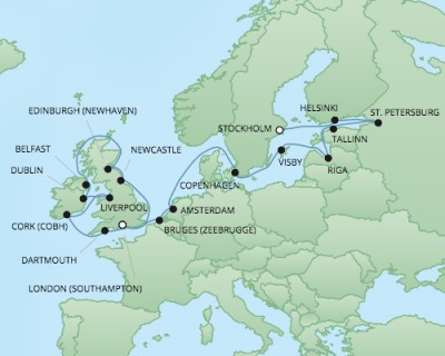 Cruises RSSC Regent Seven Explorer Map Detail Stockholm, Sweden to Southampton, United Kingdom August 31 September 22 2017 - 22 Days