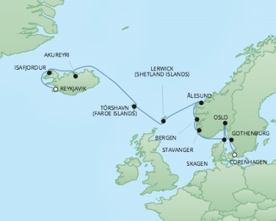 Cruises RSSC Regent Seven Explorer Map Detail Reykjavk, Iceland to Copenhagen, Denmark August 9-21 2017 - 12 Days