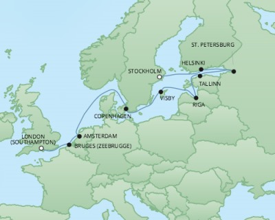 Cruises RSSC Regent Seven Explorer Map Detail Stockholm, Sweden to Southampton, United Kingdom July 13-25 2017 - 12 Days